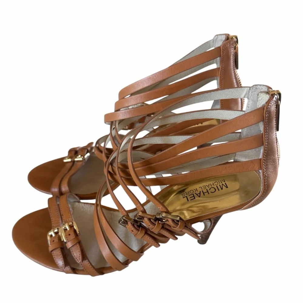 Michael Kors Brown Leather Strappy Stiletto Heels Sandals Size 10 Buckle Zip